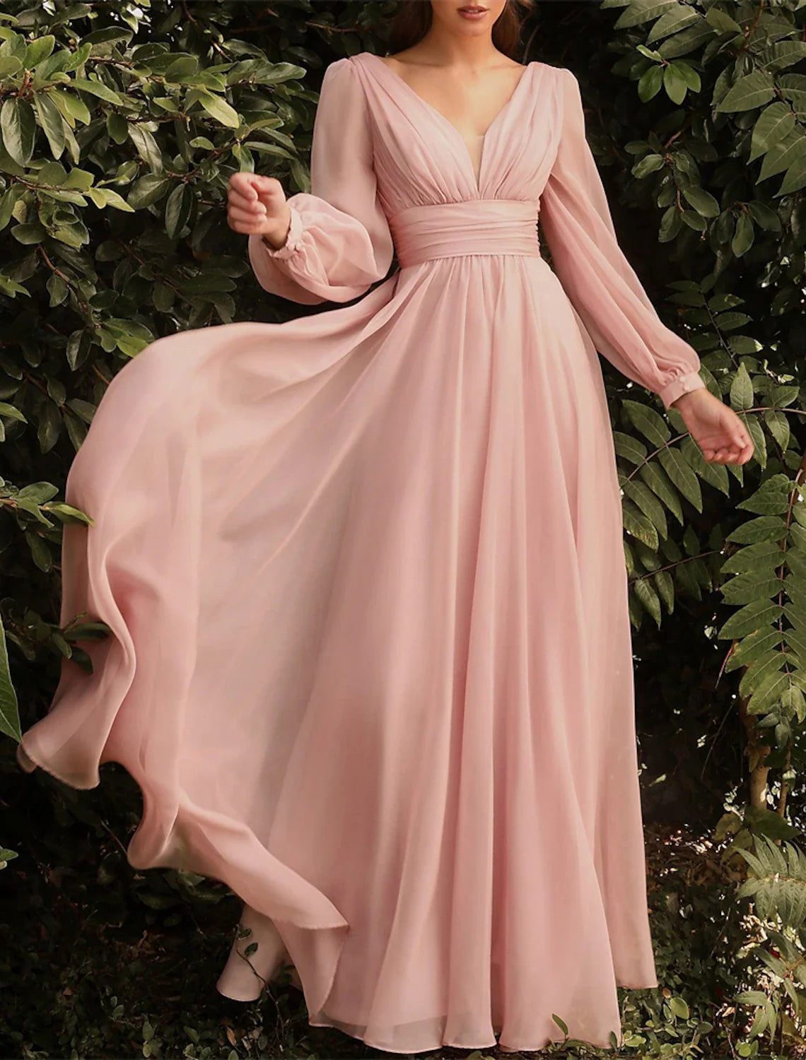 A-Line Bridesmaid Dress V Neck Long Sleeve Blue Floor Length Chiffon with Ruching