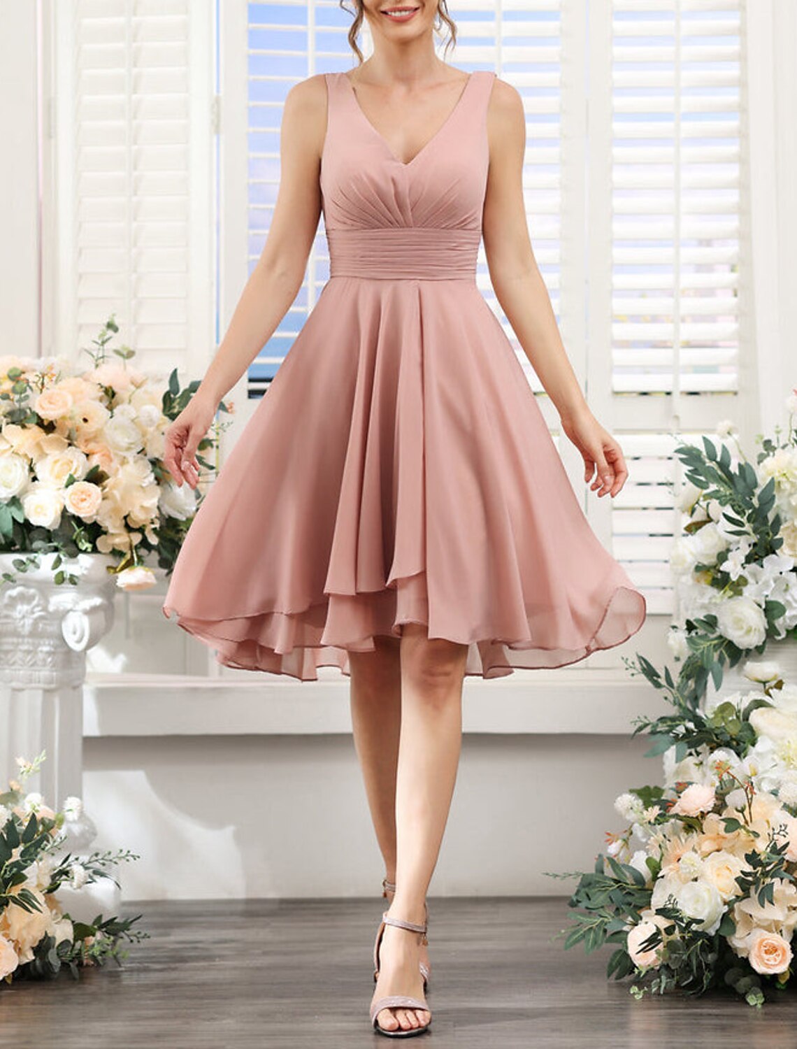 A-Line Bridesmaid Dress V Neck Sleeveless Pink Knee Length Chiffon with Ruching