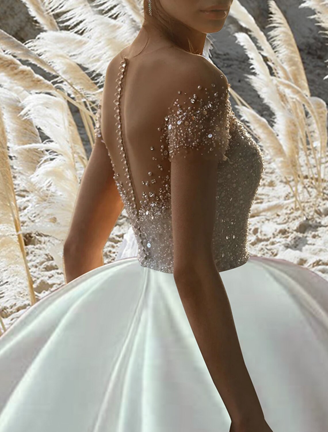 Engagement Formal Wedding Dresses Ball Gown Off Shoulder Short Sleeve Chapel Train Satin Bridal Gowns