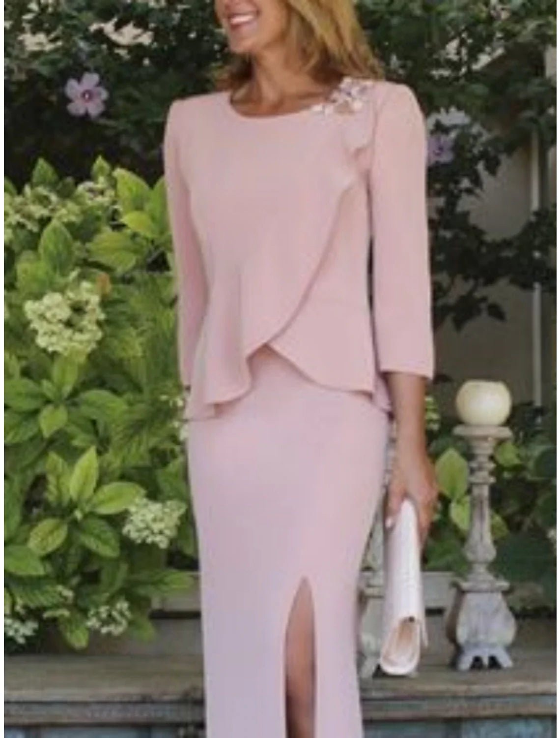 Sheath / Column Mother of the Bride Dress Wedding Guest Elegant Sweet Scoop Neck Floor Length Chiffon 3/4 Length Sleeve with Appliques