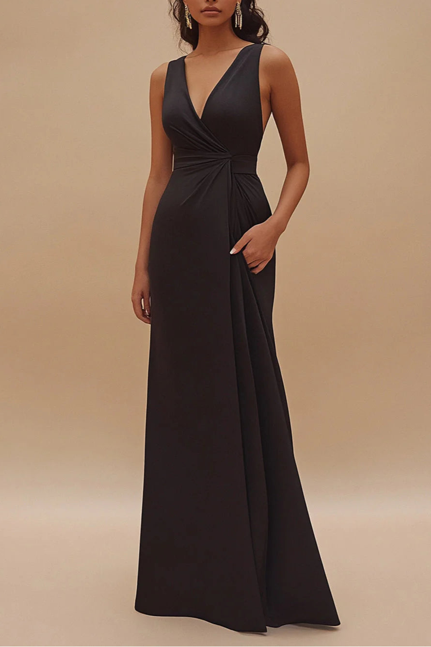 Simple and elegant Satin V-Neck Sleeveless Long Satin Black Tie Evening Dress