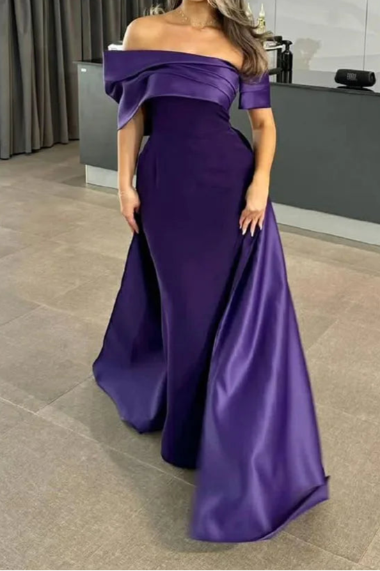 Floor Length Party Dress Off Shoulder Evening Dress Purple Satin Formal Gown Slit Elegant Prom Dress