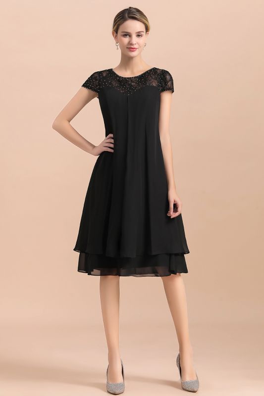 Black Chiffon Mother of Bride Dress Short Wedding Guest Dresses with Beadings Cap Sleeve