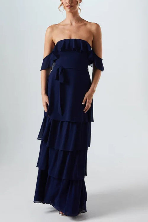 Bardot Tiered Georgette Retract Your Waist With Tie Detail Bridesmaids Dress