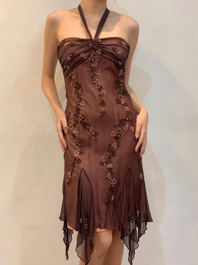 Vintage Sheath Halter Beaded Short Homecoming Dress Brown Chiffon Evening Dress