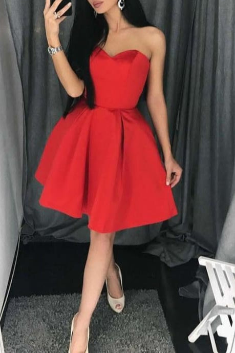 Simple A Line Red Sweetheart Homecoming Dress Strapless Junior Prom Dresses