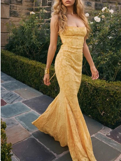 Mermaid Spaghetti Straps Prom Dresses Lace Applique Open Back Elegant Yellow Evening Dress