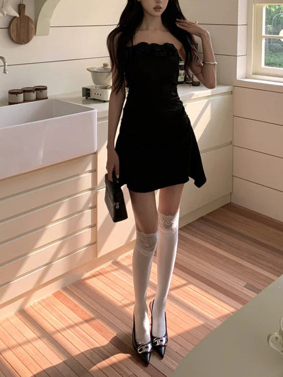 Full of charm three-dimensional flower tube top A-line off shoulder party dress