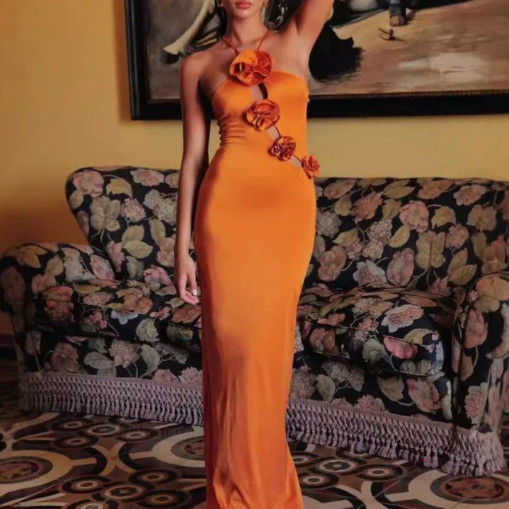 Full of charm Halter Cutout Unique design Floral Slim Fit Maxi Party Dress