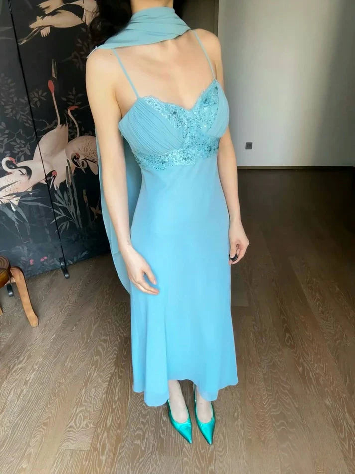 Elegant Sheath Spaghetti Strap Beaded Sequin Blue Chiffon Prom Dress