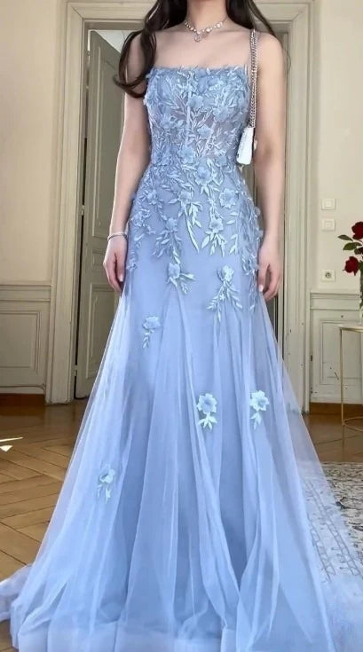 A-Line Spaghetti Strap Appliqué Long Prom Dress Elegant Blue Tulle Evening Dress