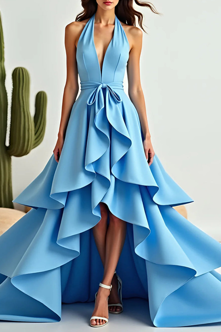 Simple and elegant A Line Blue Halter Neck Asymmetrical High-Low Prom Dress With Ruffles