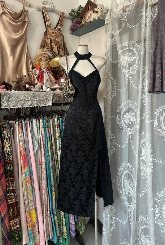 Halter Neck Jacquard Velvet A-Line Backless Stunning Black Party Dresses