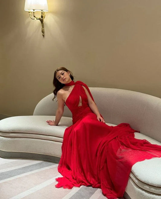 Fashion Red Chiffon Evening Dress Side Slit Long Party Dress