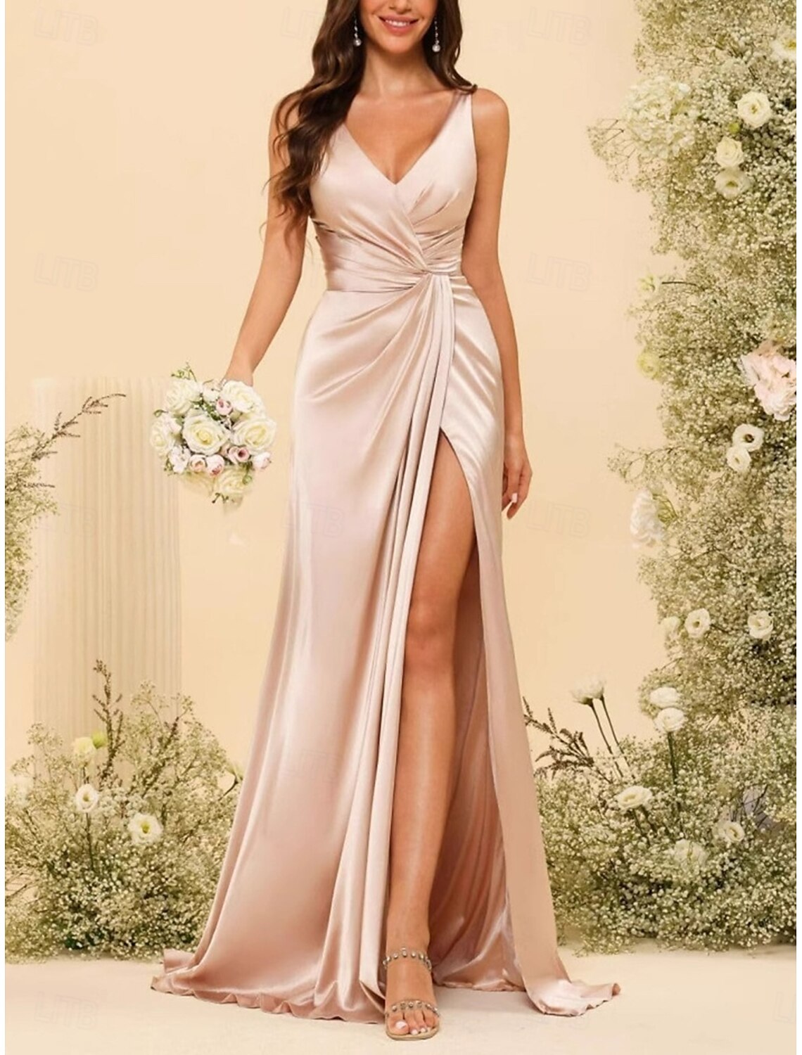A-Line Bridesmaid Dress V Neck Elegant Sleeveless Floor Length Nylon with Split Front