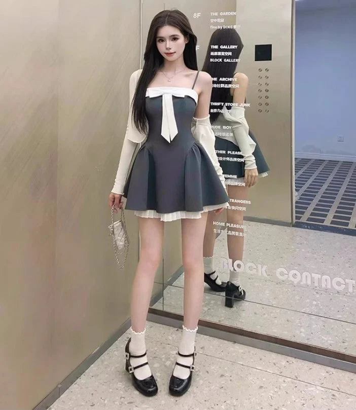 French style stitching retract your waist suspender party dress with bow