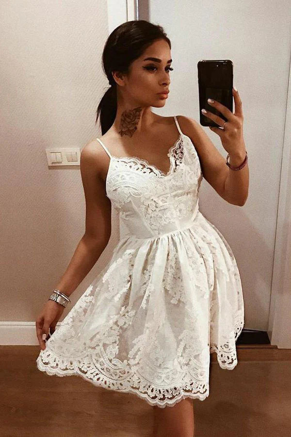 White v neck tulle lace short prom dress spaghetti strap homecoming dress