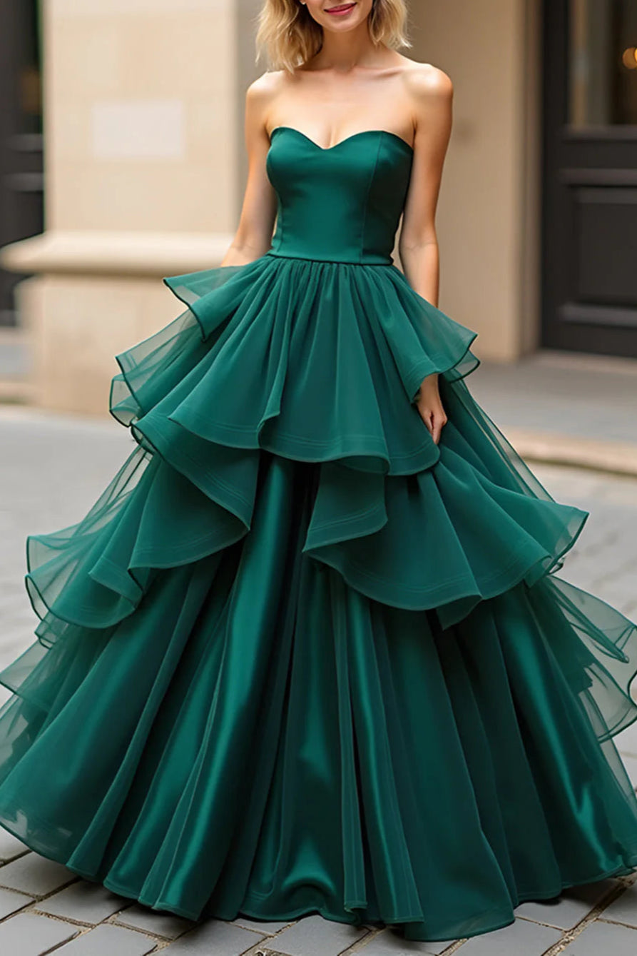 Dark Green Tiered Sweetheart Satin Organza Exquisite tailoring Long Prom Dress