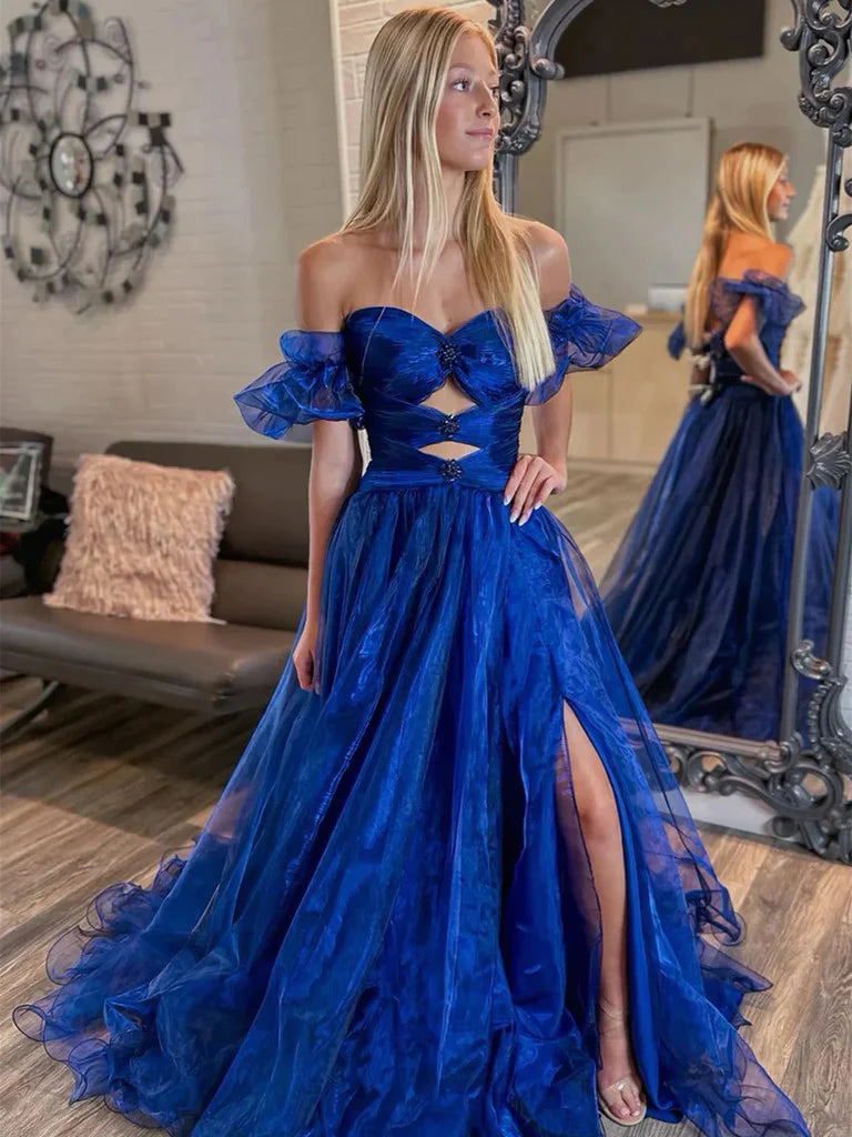Off The Shoulder Royal Blue Long Organza Formal Evening Dresses