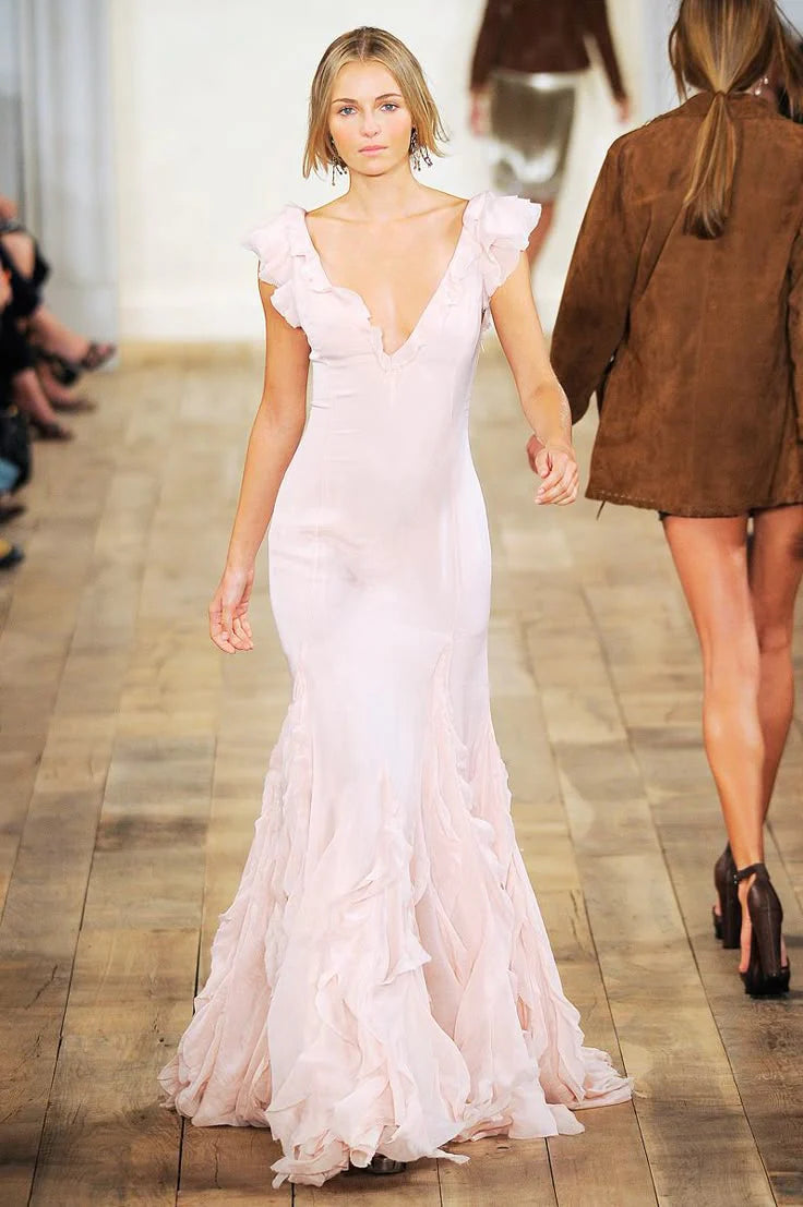 Gentle Mermaid V Neck Ruffle Light Pink Chiffon Long Prom Dress