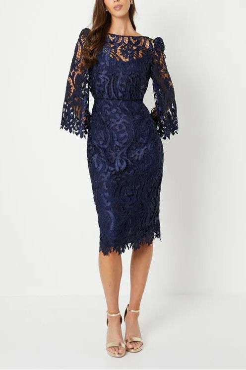 Satin Lace Boat Neck Midi Mother Of The Bride Outfits Dress With Fluted Sleeve