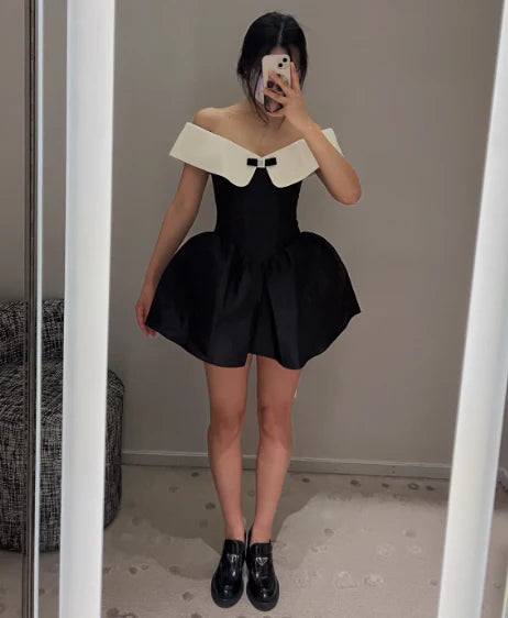 Stunning A Line Off the Shoulder White Black Satin Short Homecoming Dress