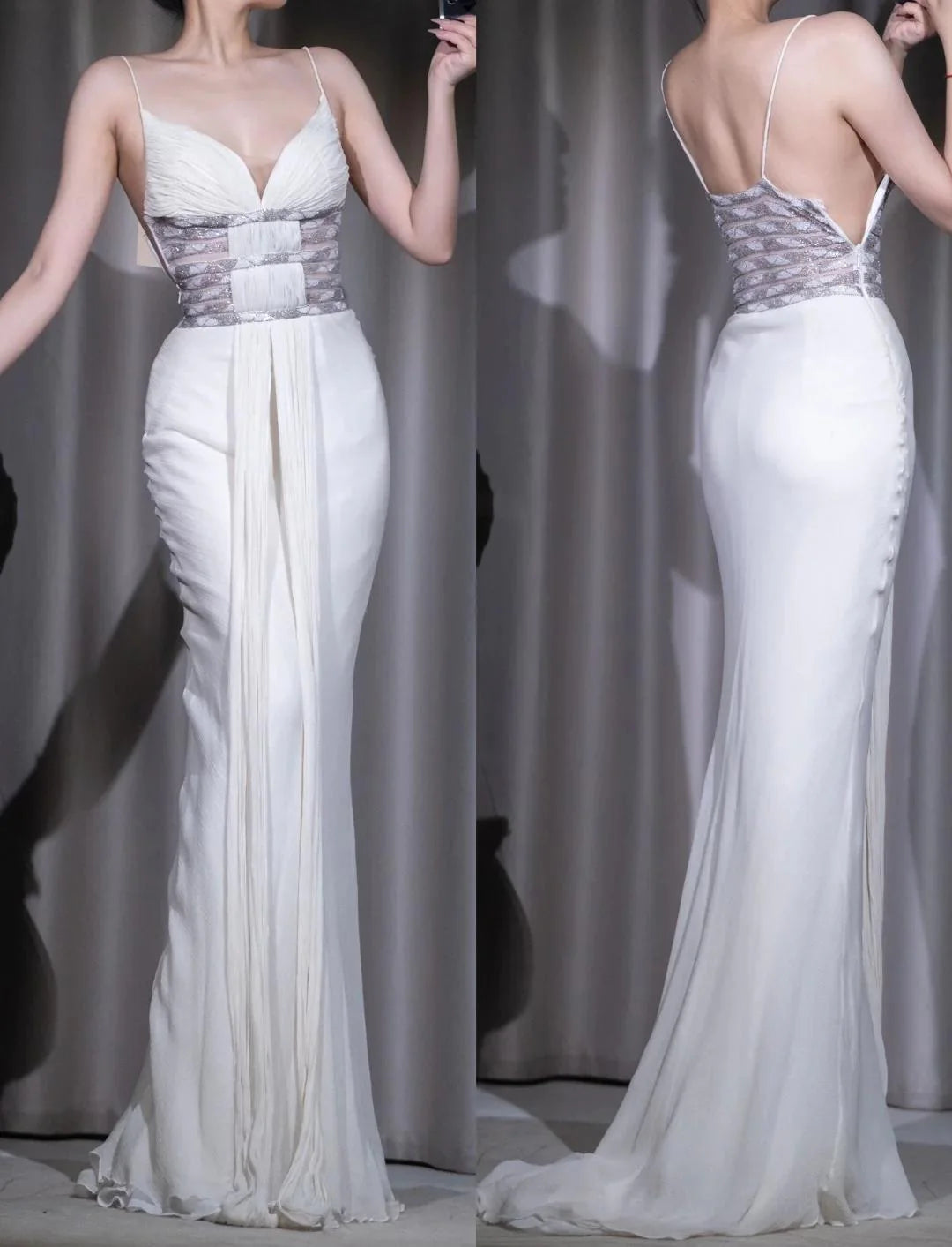Mermaid Chiffon V-Neck Long Prom Dresses Vintage Backless Elegant White Spaghetti Strap Evening Dress