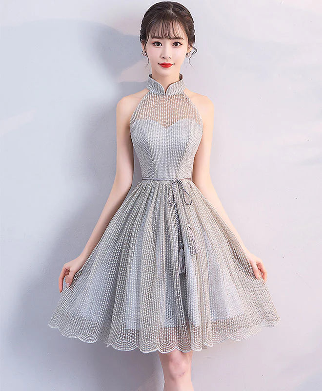 Gray High Neck Short Prom Dress Retract Your Waist Homecoming Dress