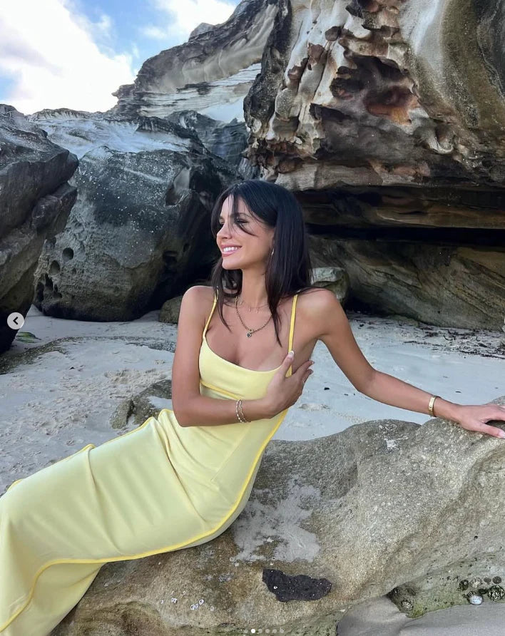 Yellow Sheath Spaghetti Strap Satin Long Prom Dress Slim-fit Evening Dress