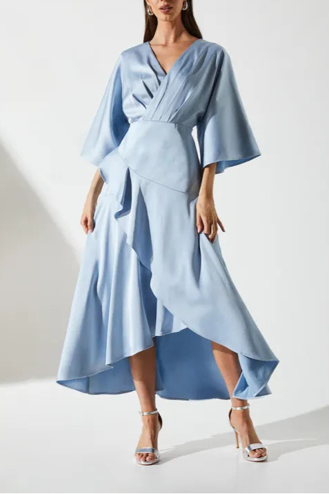 Satin Back Crepe Ruffle Wrap Midi Mother Of The Bride Outfits Dress