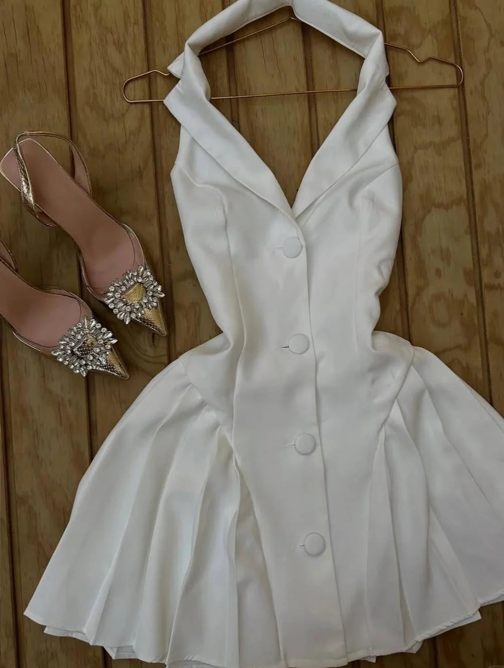 White V-neck Satin Backless A-line Party Dresses Beautiful Vintage Homecoming Dress