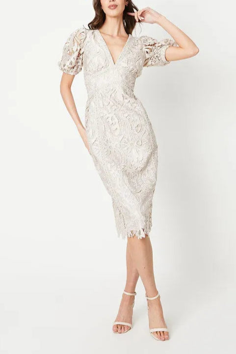 Satin Lace V-neck Pencil Mother Of The Bride Outfits Dress With Puff Sleeve