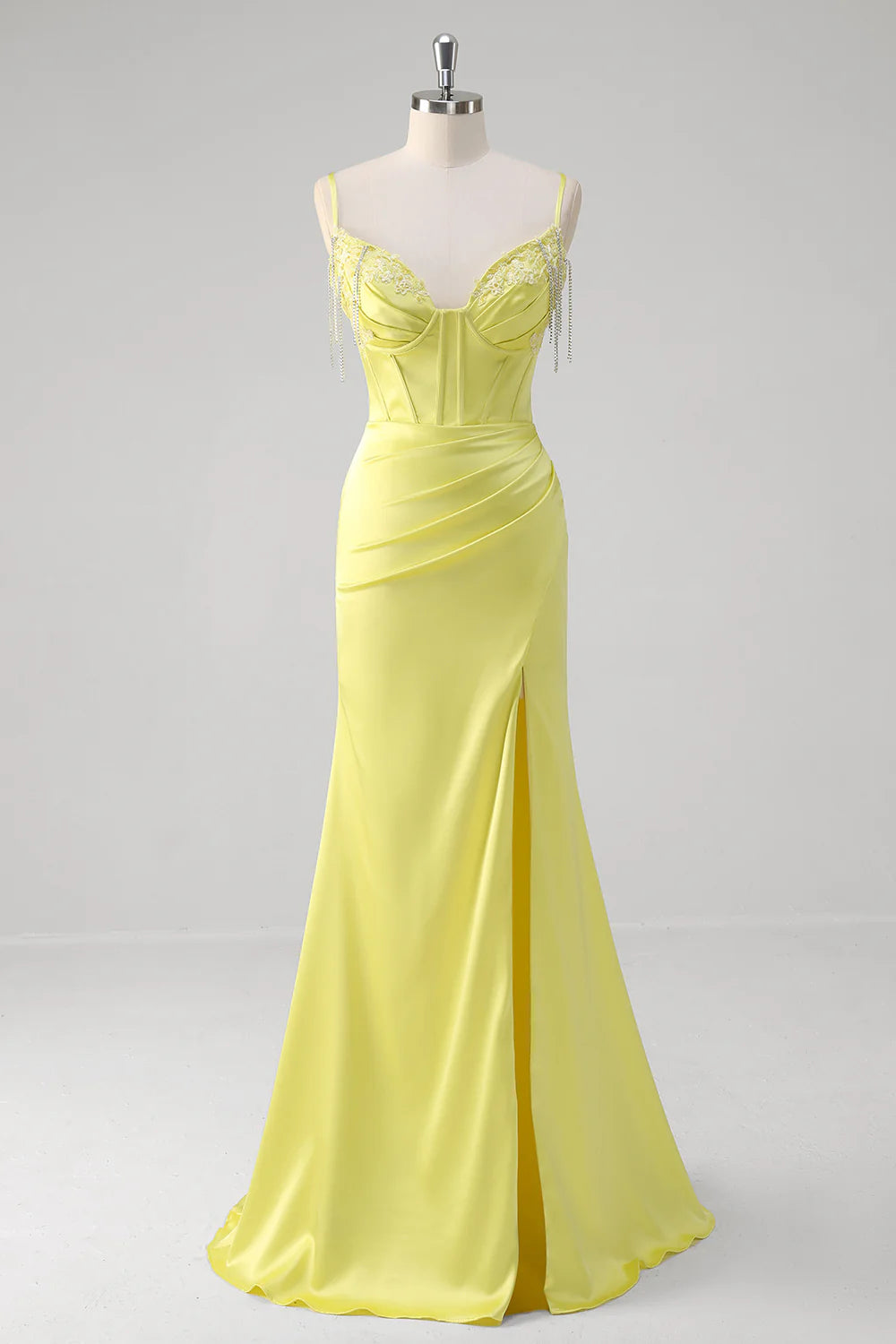 Yellow Spaghetti Straps Mermaid Beaded Applique Long Prom Dress With Slit