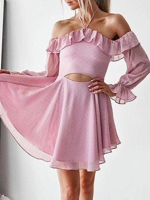 Bridelily A Line Off the Shoulder Chiffon Long Sleeves Short Homecoming Dresses With Ruffles