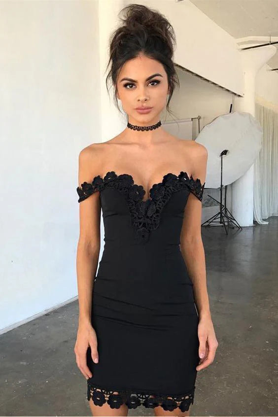 Sexy Homecoming Dress with Lace Black Off the Shoulder Sheath Short Formal Dresses