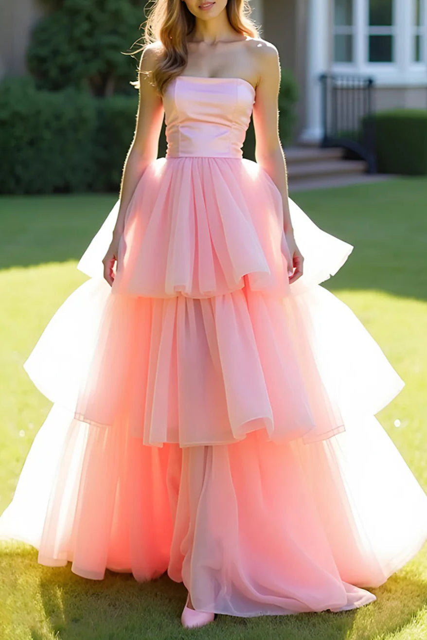 Ball Gown Pink Tiered Strapless Long Retract Your Waist Prom Dress With Ruffles