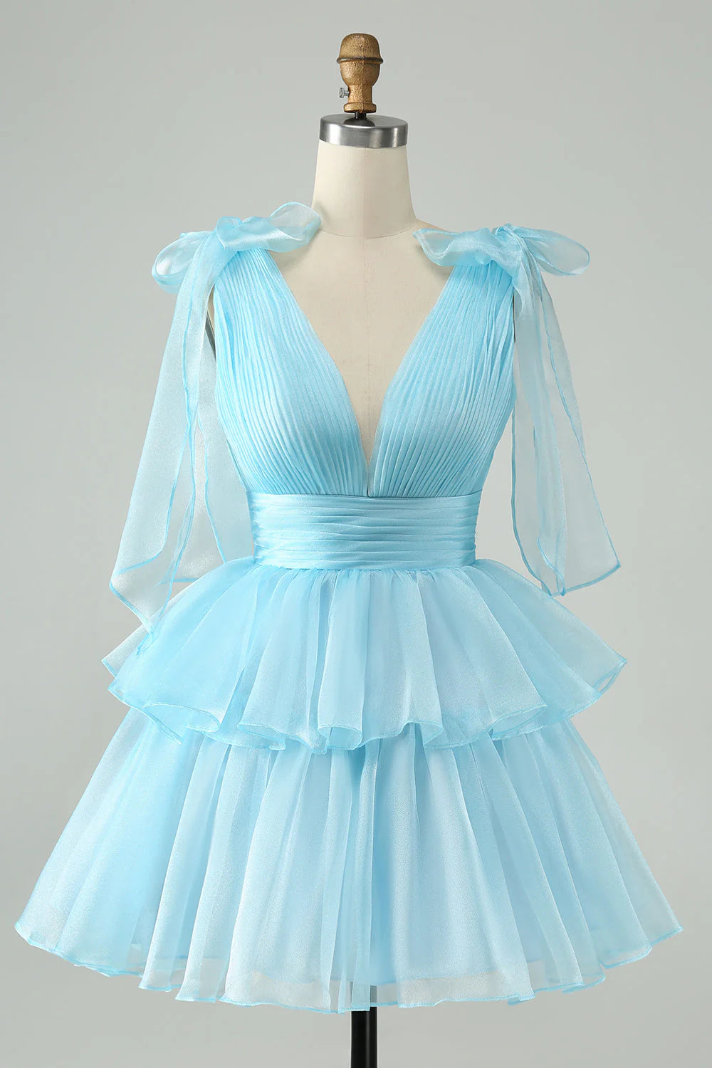Sky Blue A Line V Neck Pleated Tiered Short Retract Your Waist Homecoming Dress