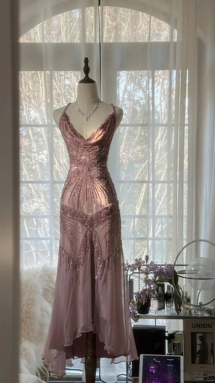 Gorgeous Mermaid Beaded Purple Chiffon Party Dress Spaghetti Strap Evening Dress