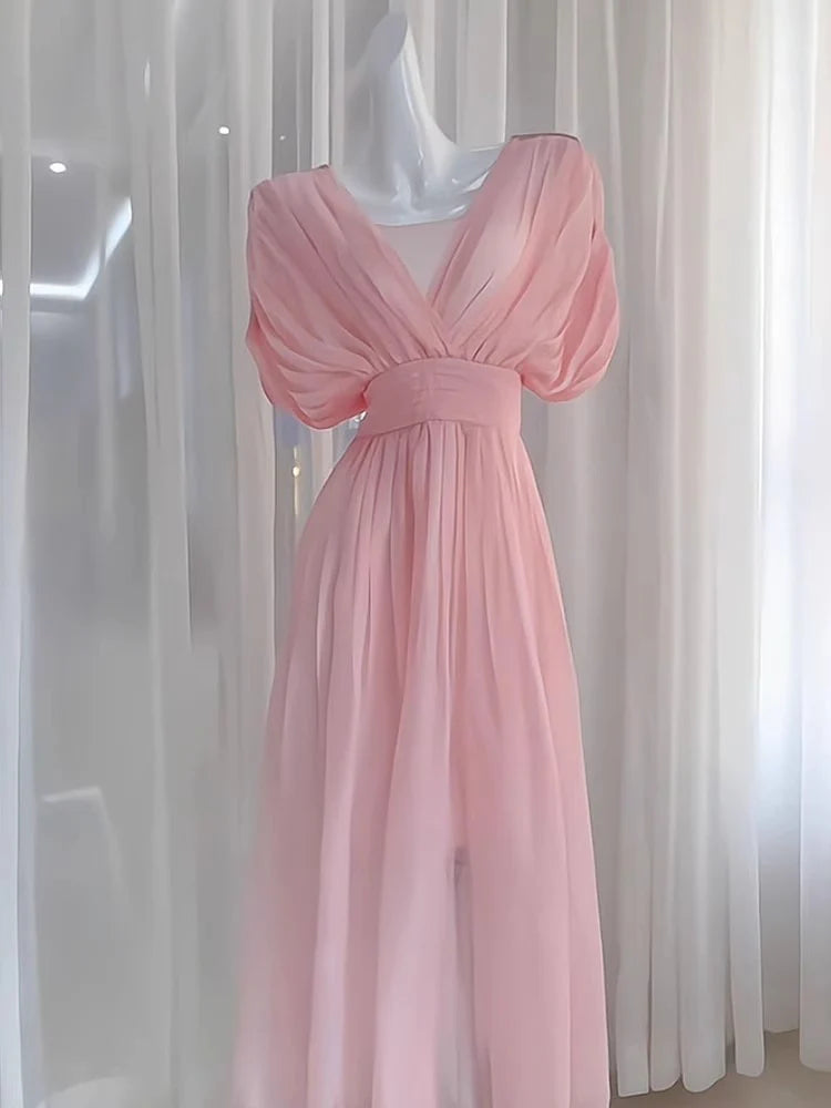 Sexy A line V Neckline Chiffon Beach Dress Women's Ruffled Pink Prom Dresses