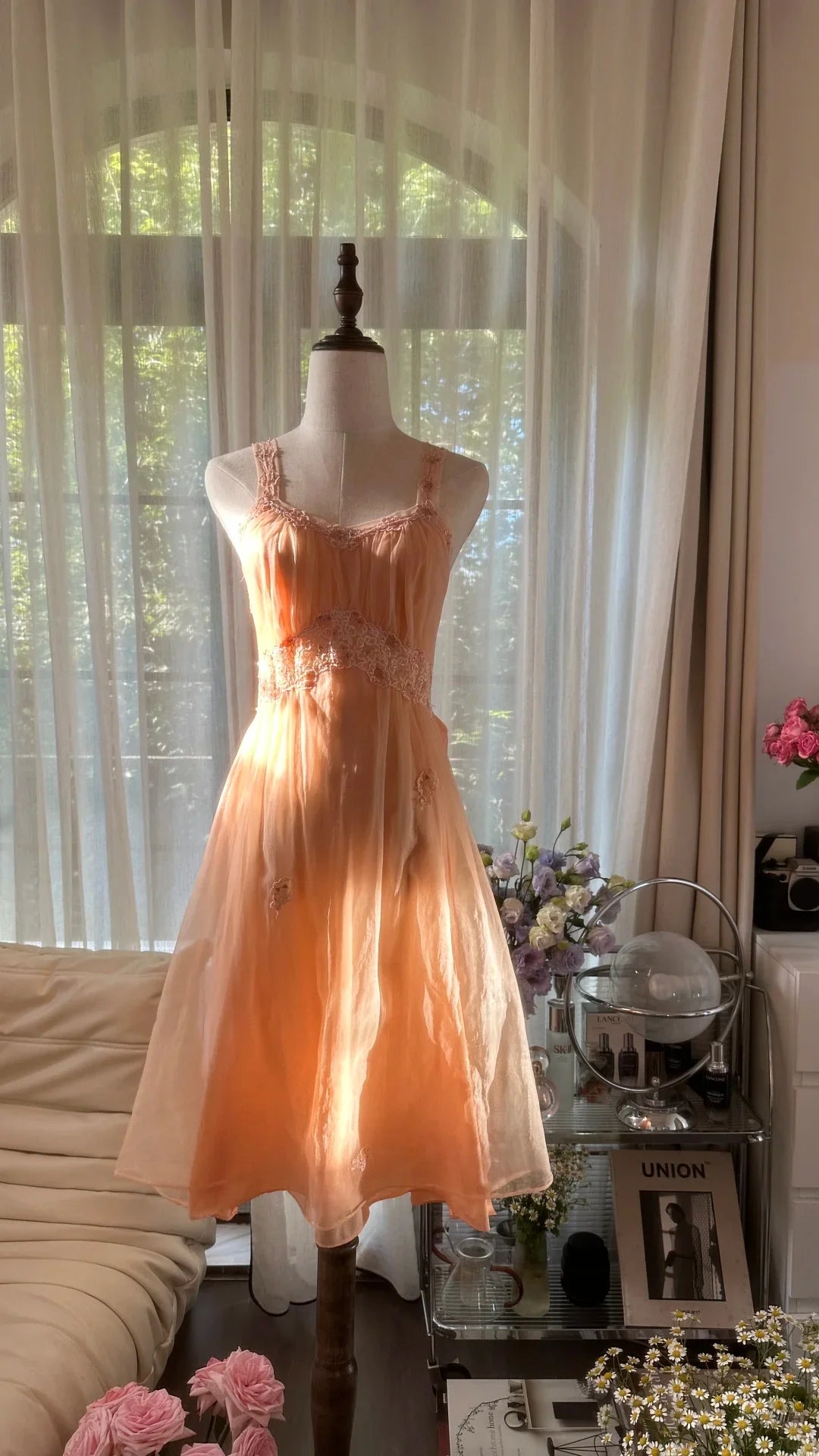 Cute A Line Strap Lace Applies Light Orange Chiffon Homecoming Dress