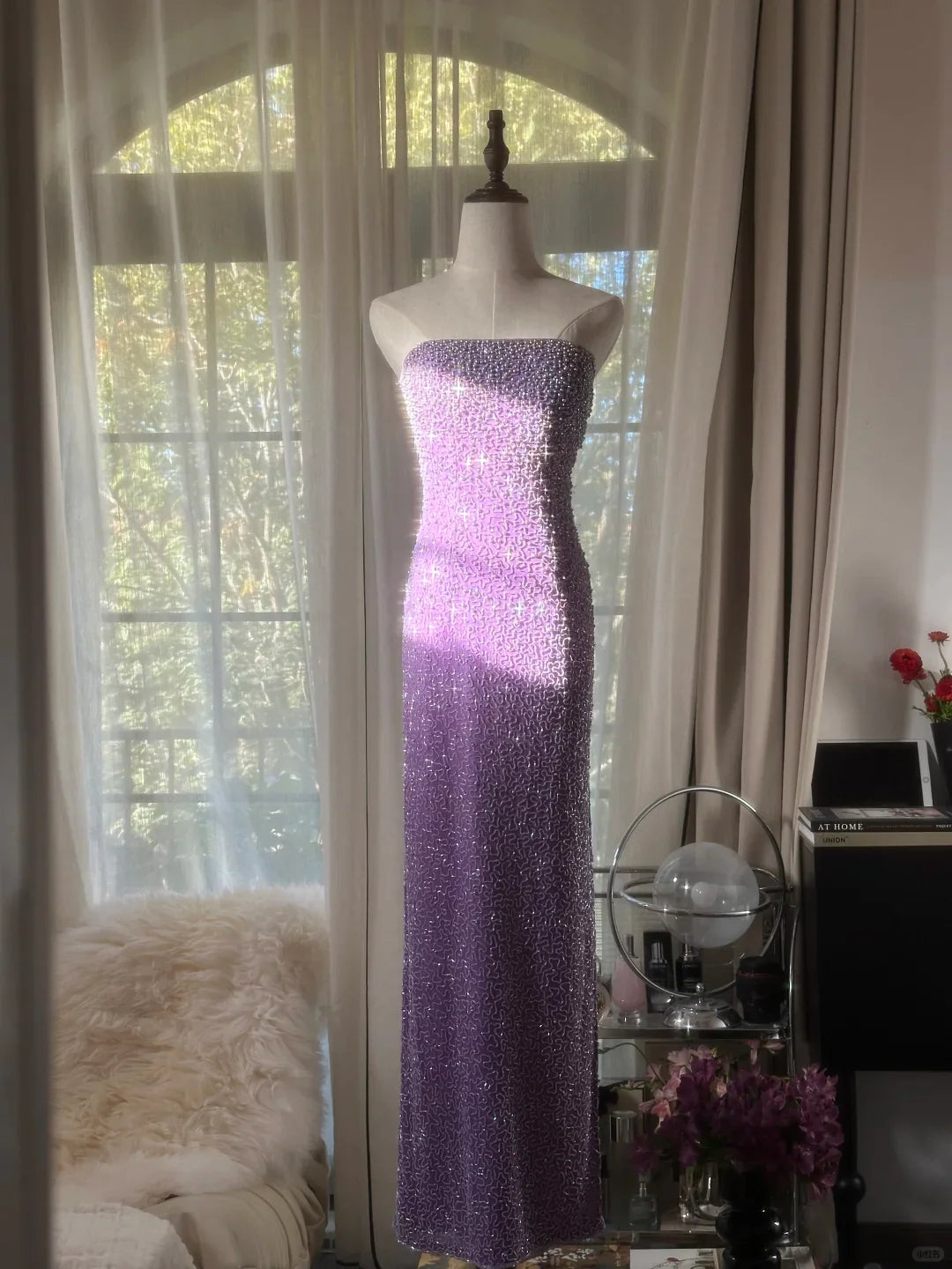Shiny Sheath Strapless Beaded Party Dress Purple Chiffon Long Evening Dress