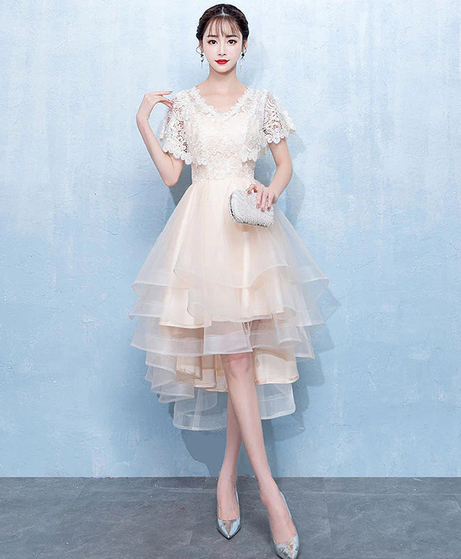 Champagne Tulle Lace Short Prom Dress, Retract Your Waist Homecoming Dress