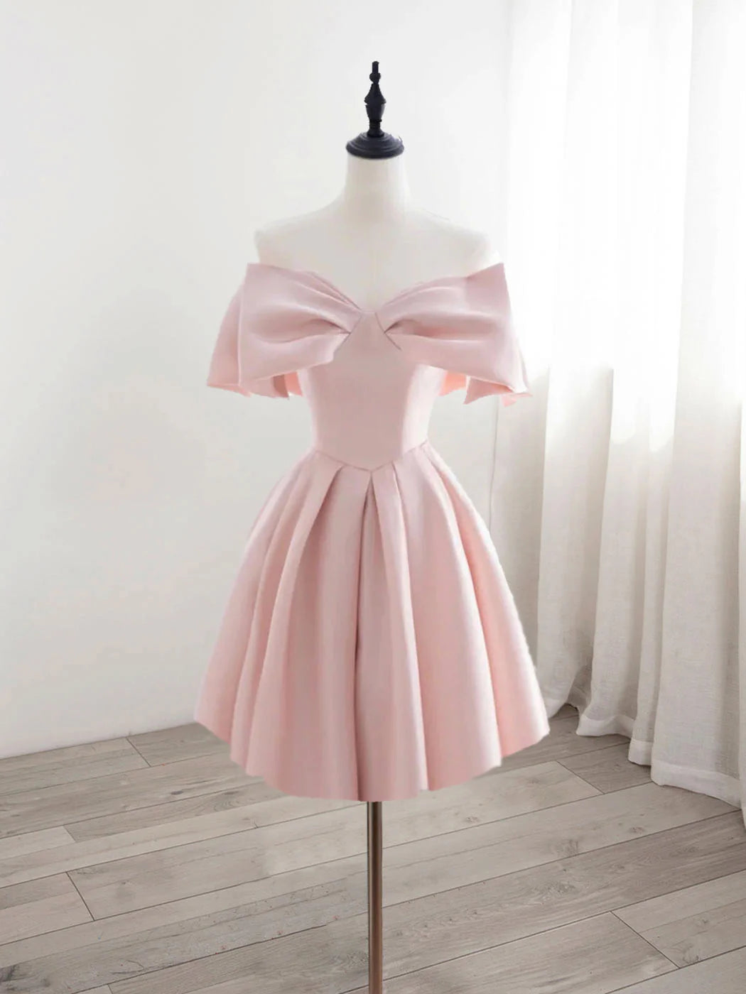 A-Line Off Shoulder Satin Pink Short Prom Dress, Unique design Homecoming Dress