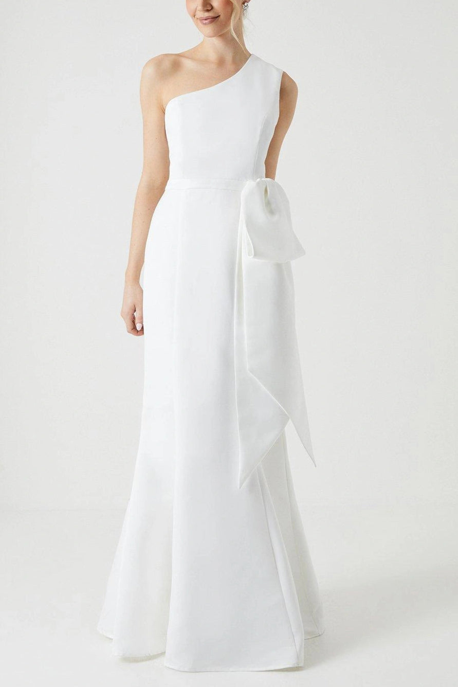Structured Satin Statement Exquisite tailoring Bow One Shoulder Bridesmaids Dress