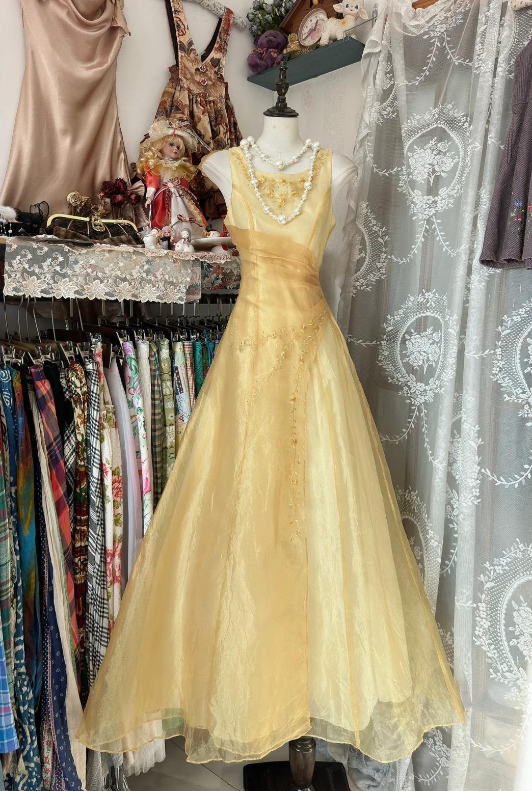 Glam Butter Yellow Evening Gowns Round Neck A-Line Tulle  Retract Your Waist Party Dress