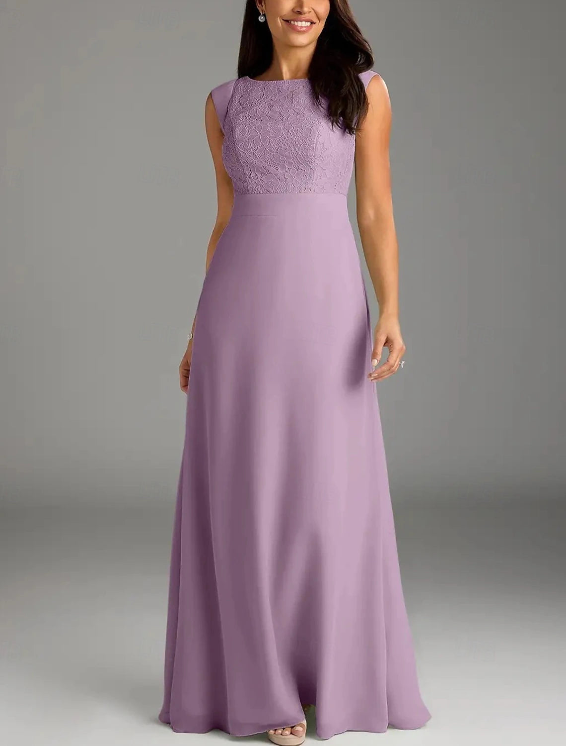 A-Line Mother of the Bride Dress Wedding Guest Elegant Minimalist Crew Neck Floor Length Chiffon Lace Cap Sleeve with Lace Buttons