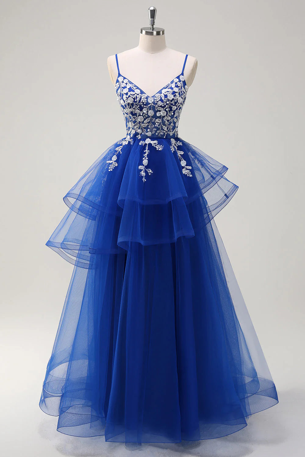 Royal Blue A-Line Tiered Long Appliqued Prom Dress With Sequins