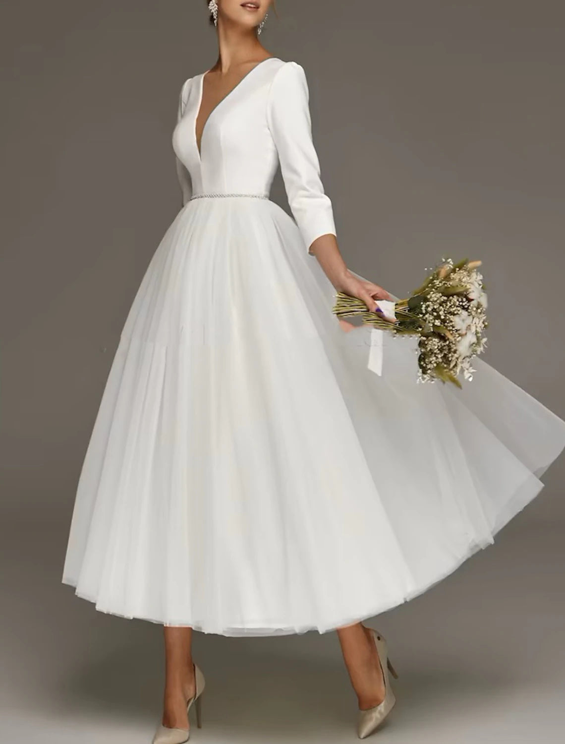 Reception Vintage Dress Bridal Shower Dresses Wedding Dresses Little White  A-Line V Neck 3/4 Length Sleeve Tea Length Satin Bridal Gowns With Solid Color