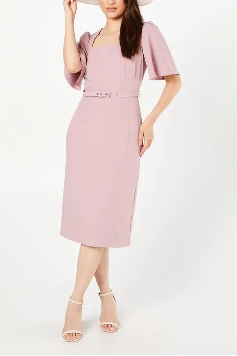 Crepe Square Neck Angel Sleeve Pencil Mother Of The Bride Outfits Dress