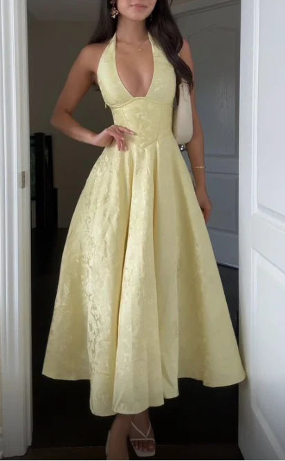 Exquisite tailoring Deep V Neck Yellow Halter A Line Sleeveless Prom Dress